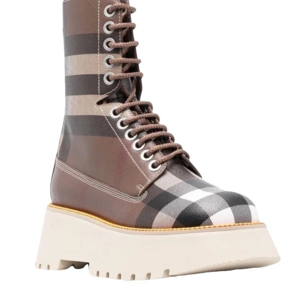 Burberry Brown and Black Combat Moto Boots with Platform Sole